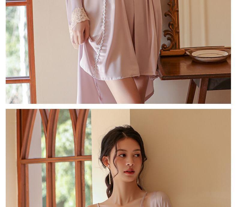 Set: Spaghetti Strap Lace Panel Ruffle Trim Open Back Nightdress + Pajama Robe Product Image