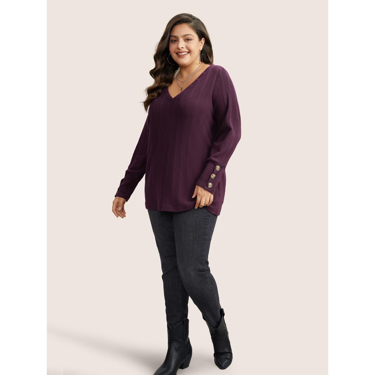 Plus Size Rib Knit V Neck Button Detail T-shirt Eggplant Women Casual Non Plain V-neck Everyday T-shirts BloomChic 28/5X Product Image