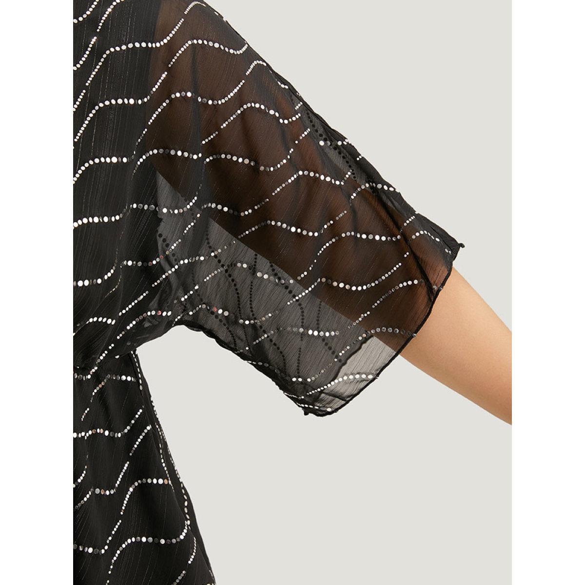 Plus Size Black Chiffon Rhinestone Mesh Patchwork Elastic Waist Blouse Women Glamour Half Sleeve Round Neck Going out Blouses BloomChic 18-20/2X Product Image