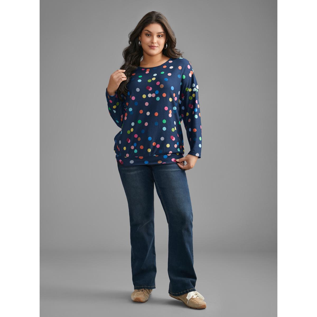 Plus Size Color Polka Dot Drop Shoulder T-shirt DarkBlue Women Casual Contrast Round Neck Everyday T-shirts BloomChic 12/L Product Image