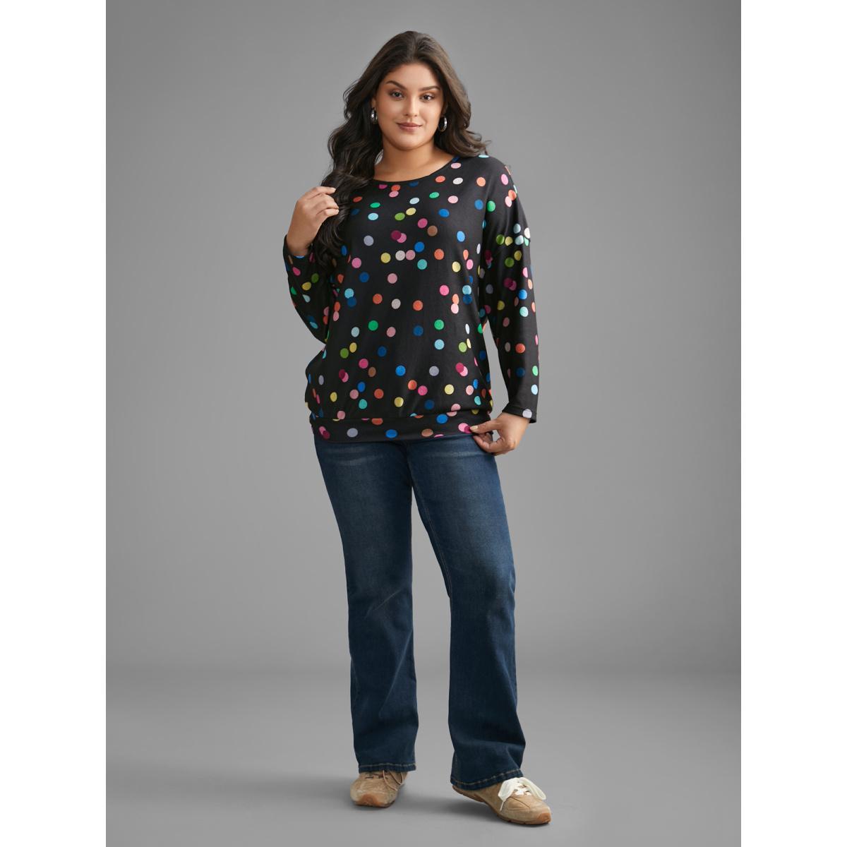 Plus Size Color Polka Dot Drop Shoulder T-shirt DarkBlue Women Casual Contrast Round Neck Everyday T-shirts BloomChic 12/L Product Image