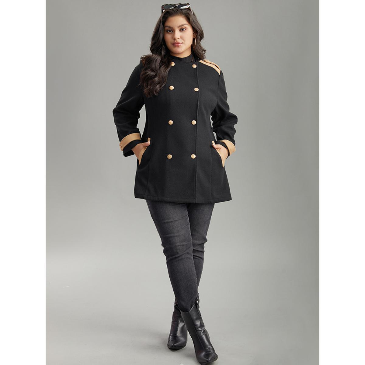 Plus Size Lapel Collar Patchwork Double Breasted Pocket Coat Women Black Casual Contrast Ladies Dailywear Winter Coats BloomChic 18-20/2X Product Image