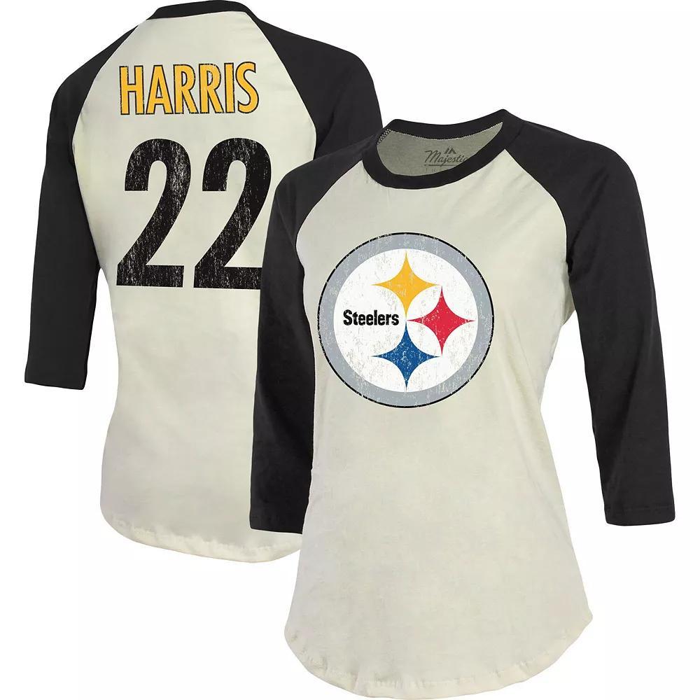 Women's Majestic Threads Najee Harris Cream/Black Pittsburgh Steelers Player Name & Number Raglan 3/4-Sleeve T-Shirt, Size: Small, Beige Product Image