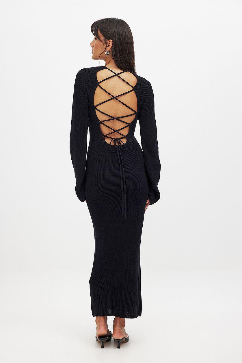 Open Back Lace Detail Knitted Maxi Dress Beige Product Image