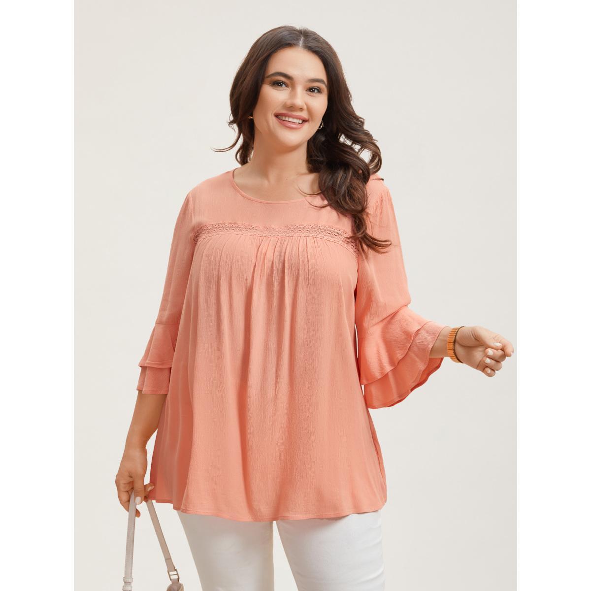 Plus Size Coral Lotus Leaf Edge Lace Spliced Shirt Women At the Office Elbow-length sleeve Round Neck Work Blouses BloomChic 18-20/2X Product Image