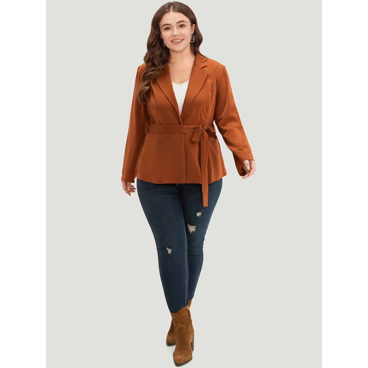 Plus Size Solid Belted Suit Collar Blazer Chocolate Women Dailywear Plain Plain Sleeve Long Sleeve Suit Collar 14-16/1X Belt Casual Blazers BloomChic Product Image