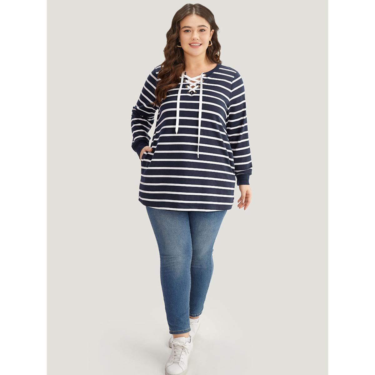 Plus Size Striped Patchwork Pocket Lace Up Sweatshirt Women Indigo Casual Elastic cuffs Notched collar Dailywear Sweatshirts BloomChic 30/6X Product Image