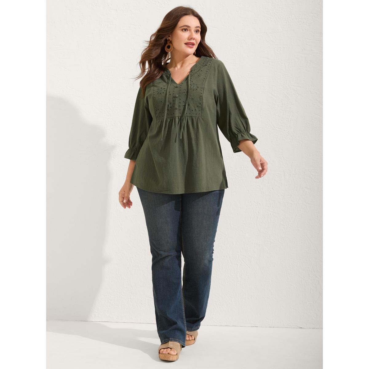 Plus Size ArmyGreen Broderie Anglaise Tie Knot Lantern Sleeve Blouse Women Resort Elbow-length sleeve Notched collar Vacation Blouses BloomChic 26/4X Product Image