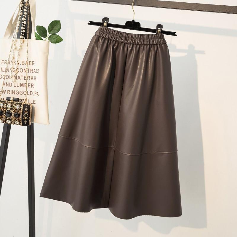 High Rise Plain Faux Leather Midi A-Line Skirt Product Image