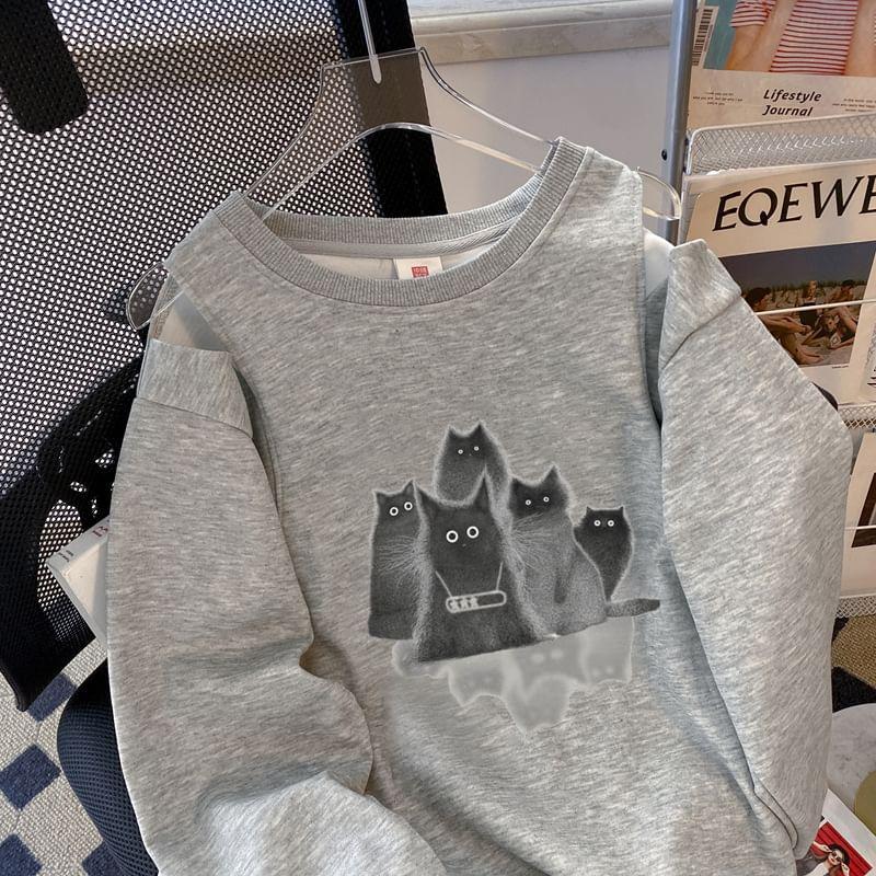 Cold Shoulder Cat Print Pullover Product Image