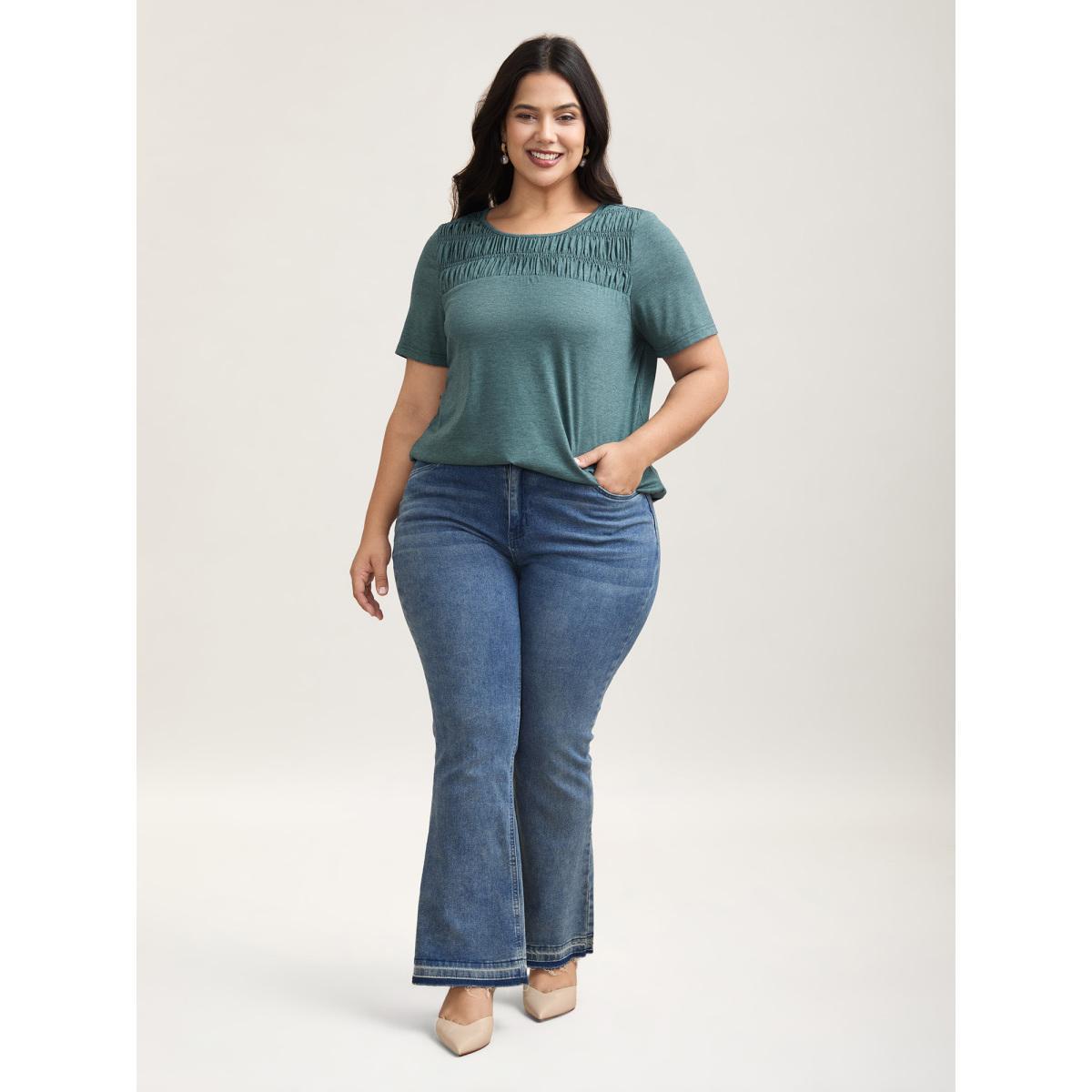 Plus Size Shirred Detail Round Neck T-Shirt Cyan Women Elegant Shirred Round Neck Everyday T-shirts BloomChic 14-16/1X Product Image