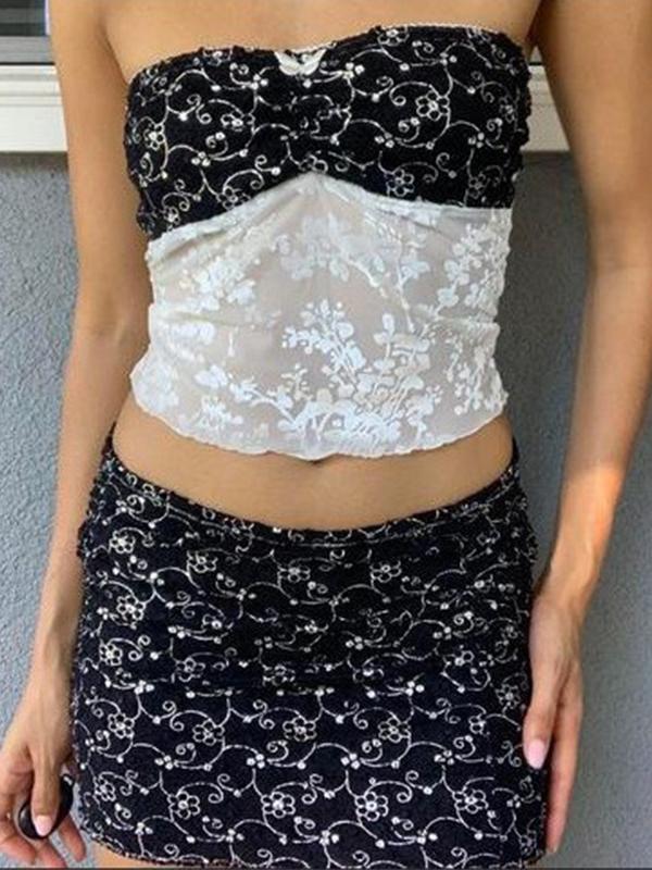 Jacquard See Through Splice Bandeau Top & Mini Skirt Set Product Image