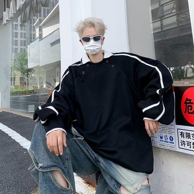 Contrast Trim Striped Oversized Polo Sweatshirt Product Image