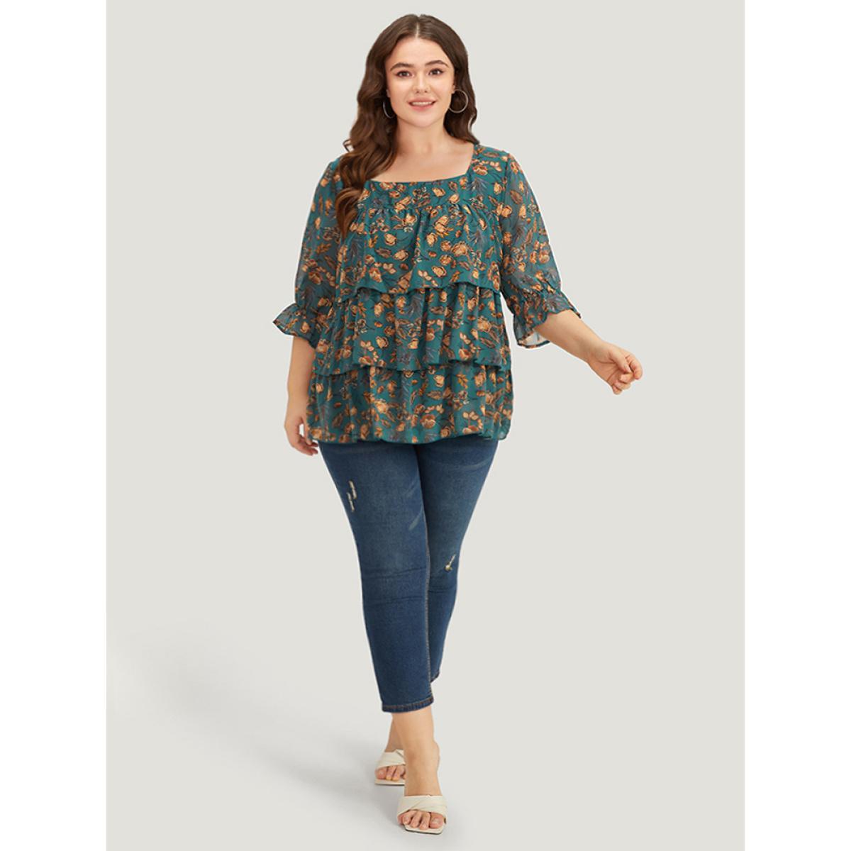 Plus Size Cyan Floral Print Square Neck Layered Ruffle Trim Blouse Women Office Half Sleeve Square Neck Dailywear Blouses BloomChic 10/M Product Image