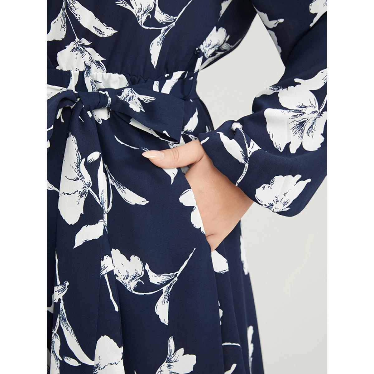 Plus Size Floral Pocket Surplice Neck Belted Midi Dress DarkBlue Women Casual Belted V-neck Long Sleeve Curvy Midi Dress BloomChic 26/4X Product Image