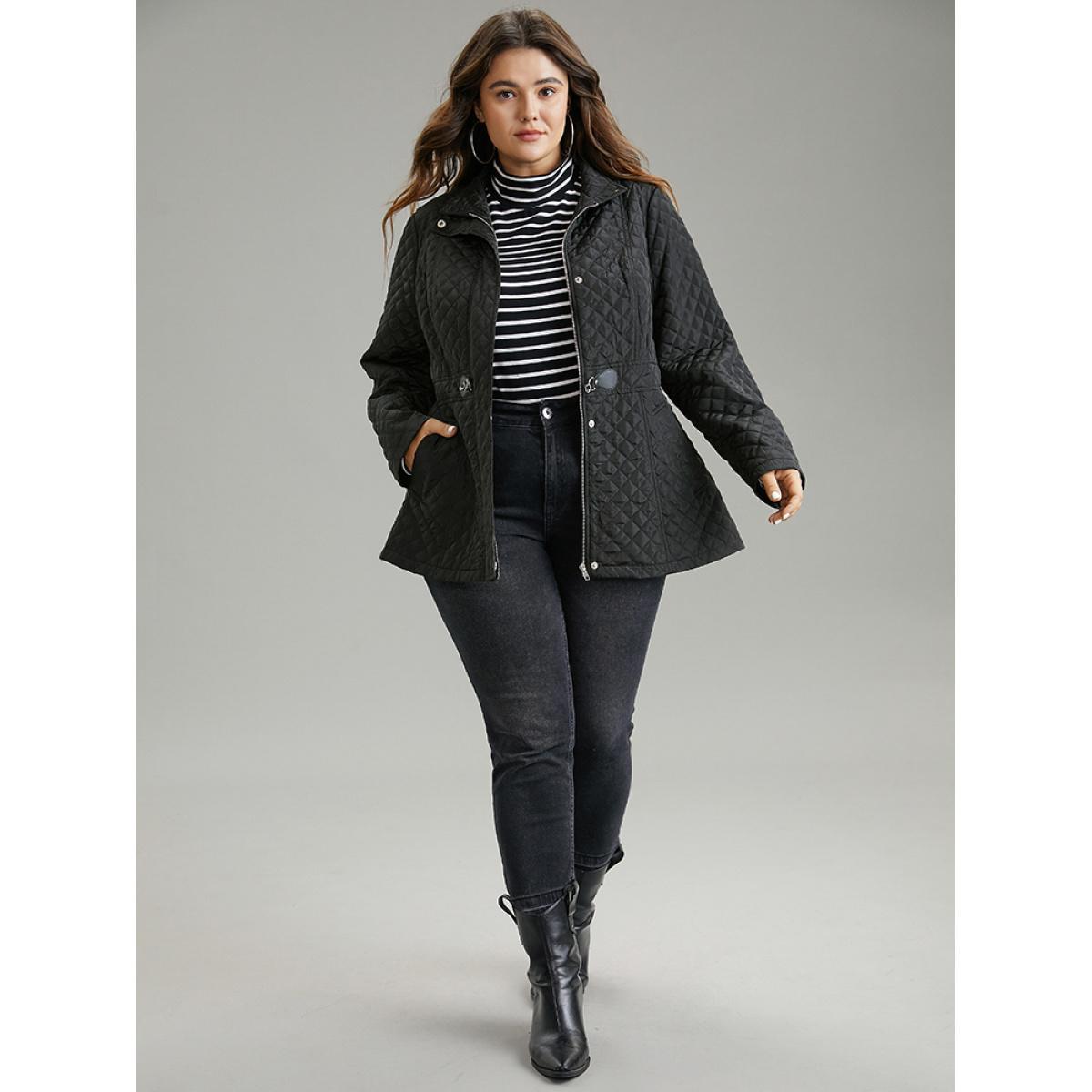 Plus Size Solid Buckle Detail Zipper Quilted Coat Women Black Casual Texture Ladies Everyday Winter Coats BloomChic 10/M Product Image