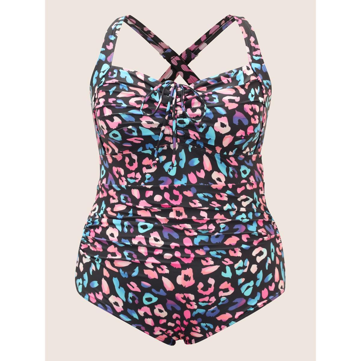 Plus Size Leopard Print Gathered Knotted One Piece Swimsuit Women's Swimwear Multicolor Beach Gathered Curve Bathing Suits High stretch One Pieces BloomChic 10/M Product Image