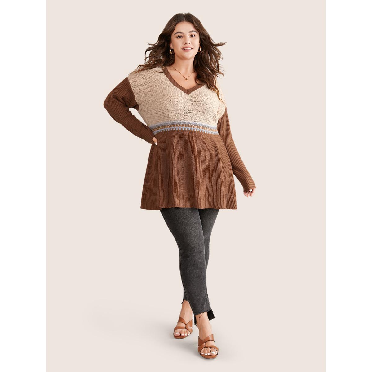 Plus Size Colorblock Contrast Texture Elastic Waist Pullover Maroon Women Casual Long Sleeve V-neck Everyday Pullovers BloomChic 18-20/2X Product Image