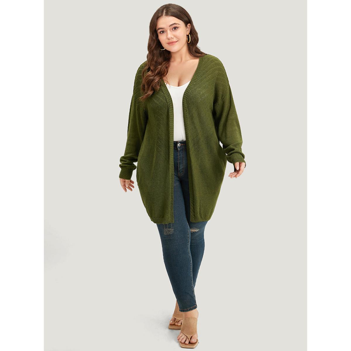 Plus Size Plain Pocket Open Front Cardigan ArmyGreen Women Casual Loose Long Sleeve Dailywear Cardigans BloomChic 10/M Product Image