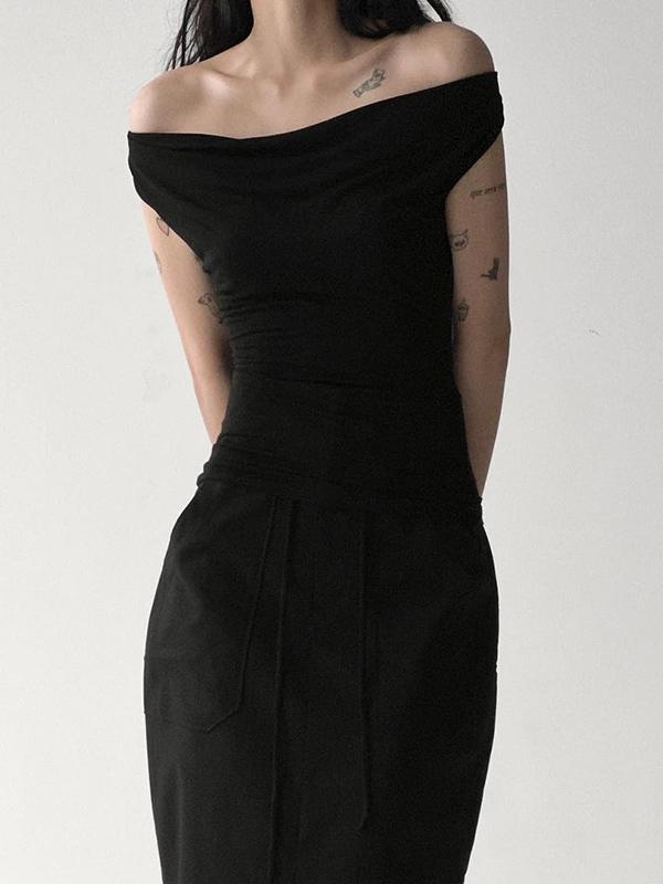 Skinny Sleeveless Backless Solid Color Split-Joint Tied Off-The-Shoulder T-Shirts Tops Product Image