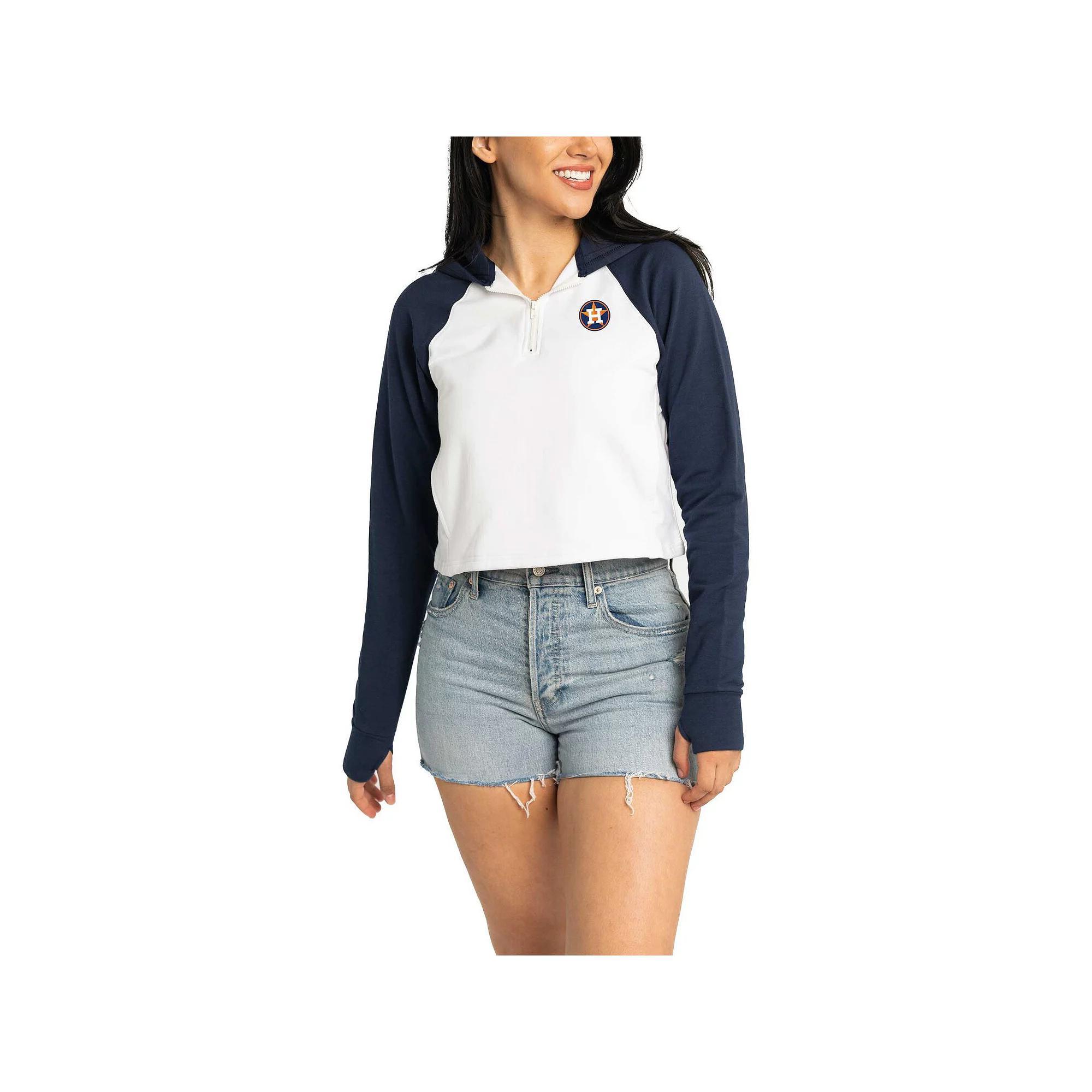 Women's Lusso White Houston Astros Jane Raglan Quarter-Zip Tri-Blend Cropped Pullover Hoodie, Size: Large Product Image