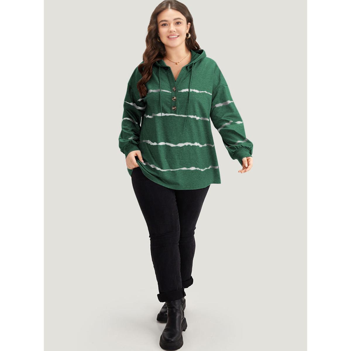 Plus Size Striped Drawstring Hooded Button Up Sweatshirt Women Green Casual Elastic cuffs Hooded Dailywear Sweatshirts BloomChic 26/4X Product Image