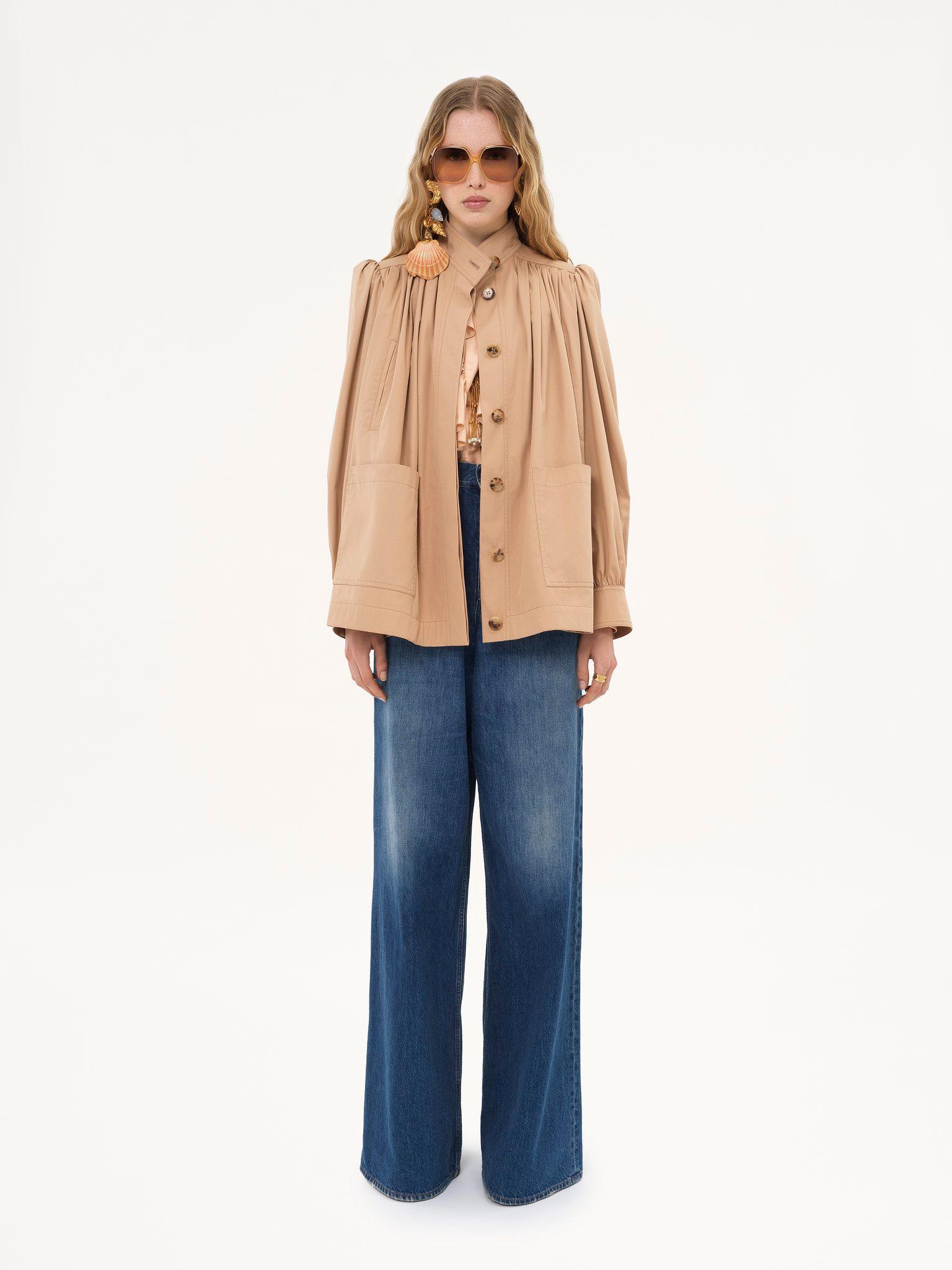 High-neck gathered jacket in cotton gabardine Product Image