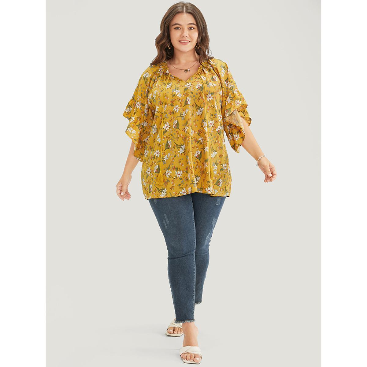 Plus Size Yellow Floral Tie Neck Tassels Frill Trim Ruffle Sleeve Blouse Women Elegant Short sleeve V-neck Dailywear Blouses BloomChic 18-20/2X Product Image
