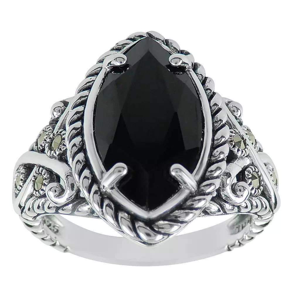 Lavish by TJM Sterling Silver Onyx & Marcasite Marquise Ring, Women's, Size: 6 Product Image