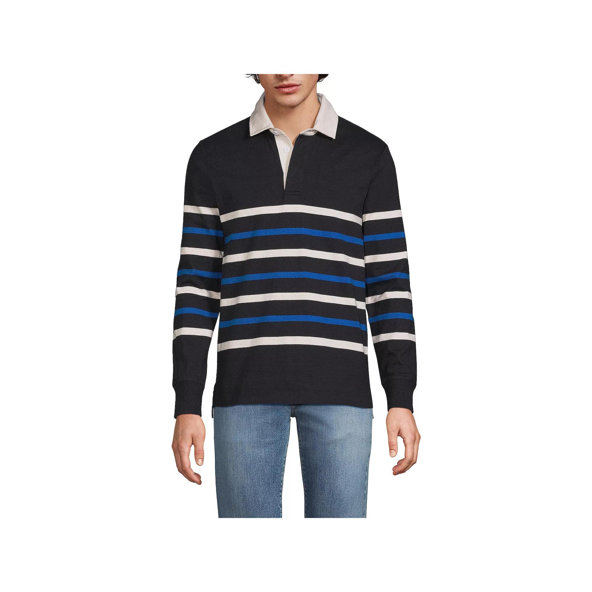 Men's Lands' End Striped Rugby Shirt, Size: Medium, Black Blue Stripes Product Image