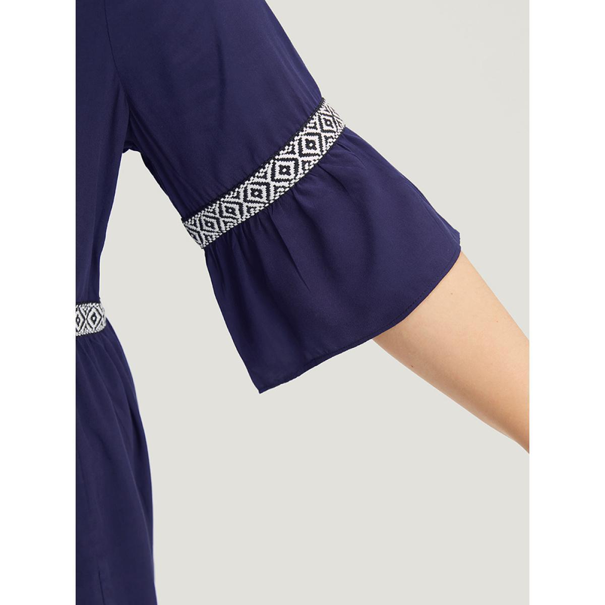 Plus Size Geometric Trim Notched Bell Sleeve Dress DarkBlue Women Vacation Pleated Notched collar Half Sleeve Curvy Midi Dress BloomChic 10/M Product Image