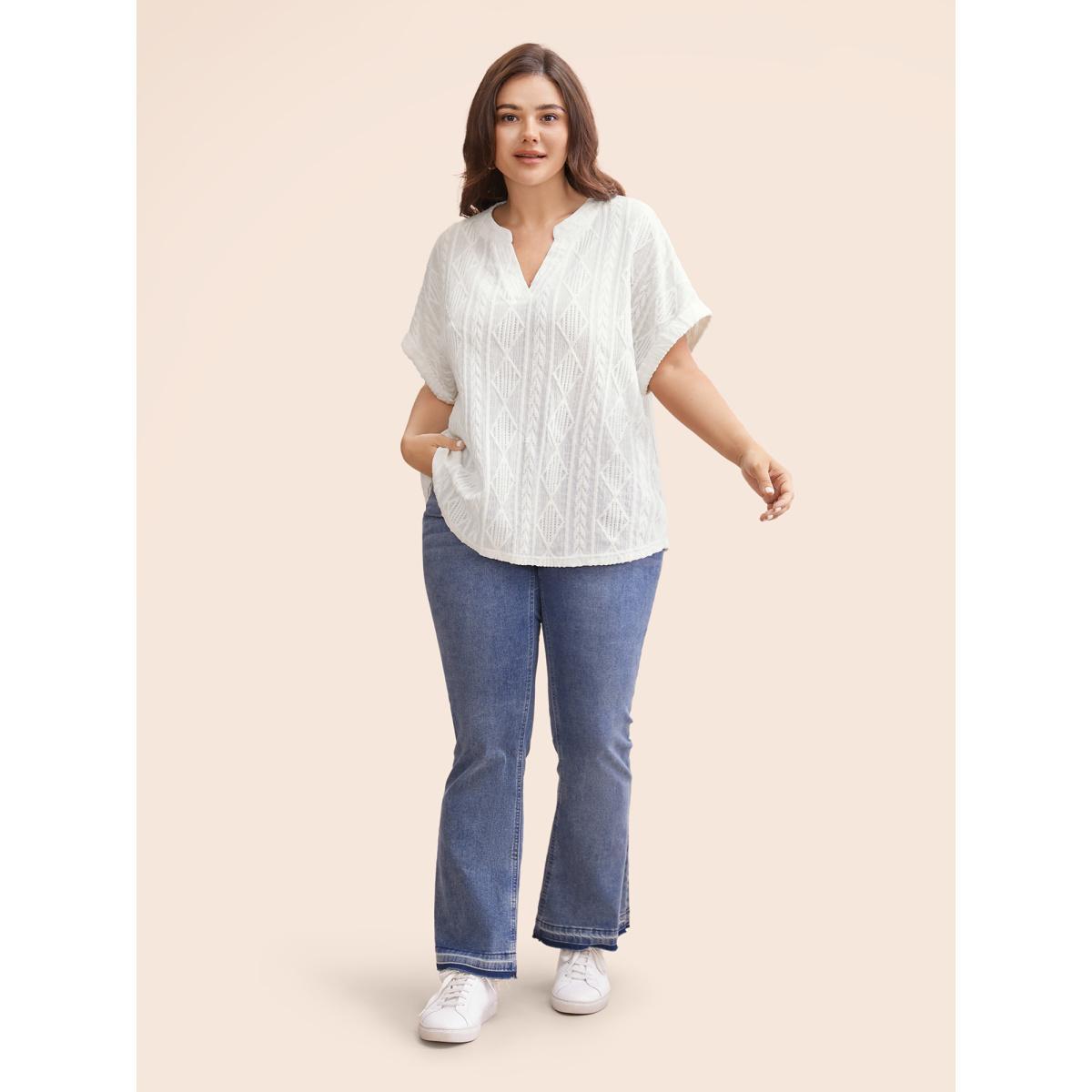 Plus Size Plain Jacquard Notched Dolman Sleeve T-shirt Ivory Women Elegant Texture Flat collar with V-notch Everyday T-shirts BloomChic 26/4X Product Image