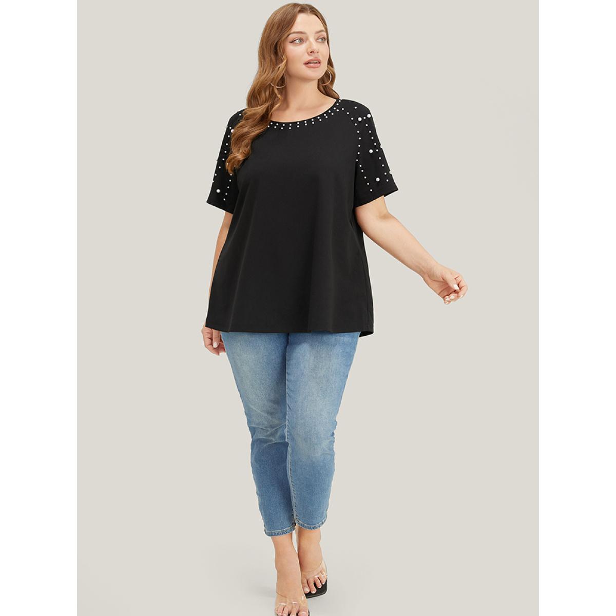 Plus Size Solid Raglan Sleeve Pearl Beaded T-shirt Black Women Elegant Beaded Plain Round Neck Dailywear T-shirts BloomChic 10/M Product Image