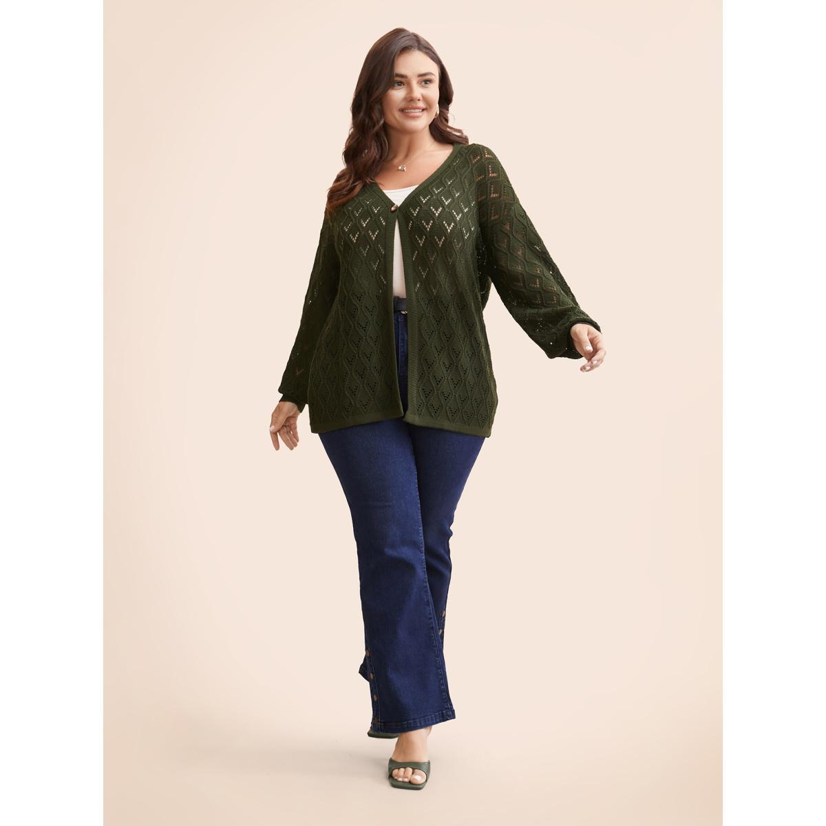 Plus Size Texture Button Up Hollow Out Cardigan ArmyGreen Women Casual Loose Three Quater Length Sleeve Everyday Cardigans BloomChic 26/4X Product Image