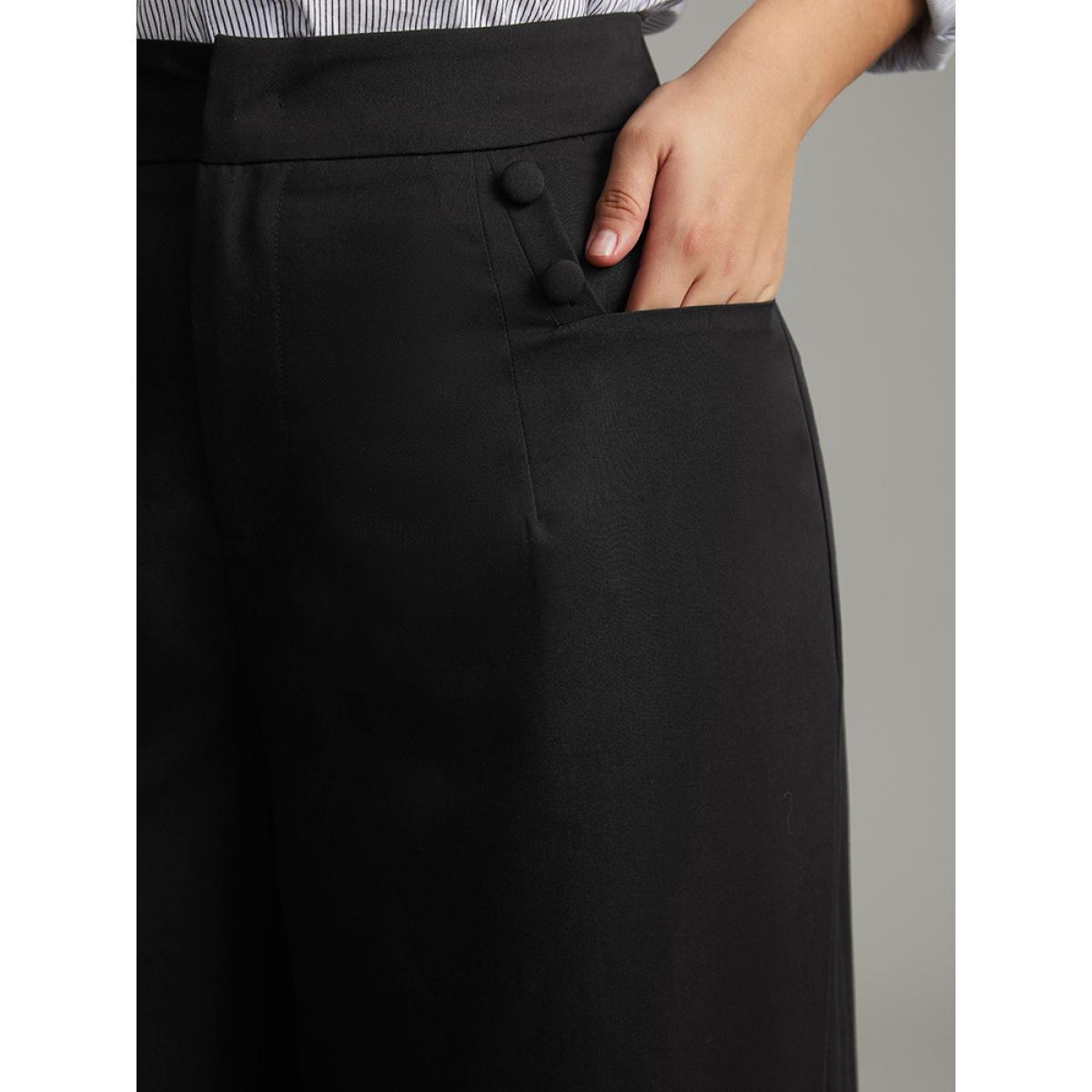 Plus Size Solid Button Detail Wide Leg Pants Women Black Workwear Essentials Wide Leg High Rise Work Pants BloomChic 28/5X Product Image