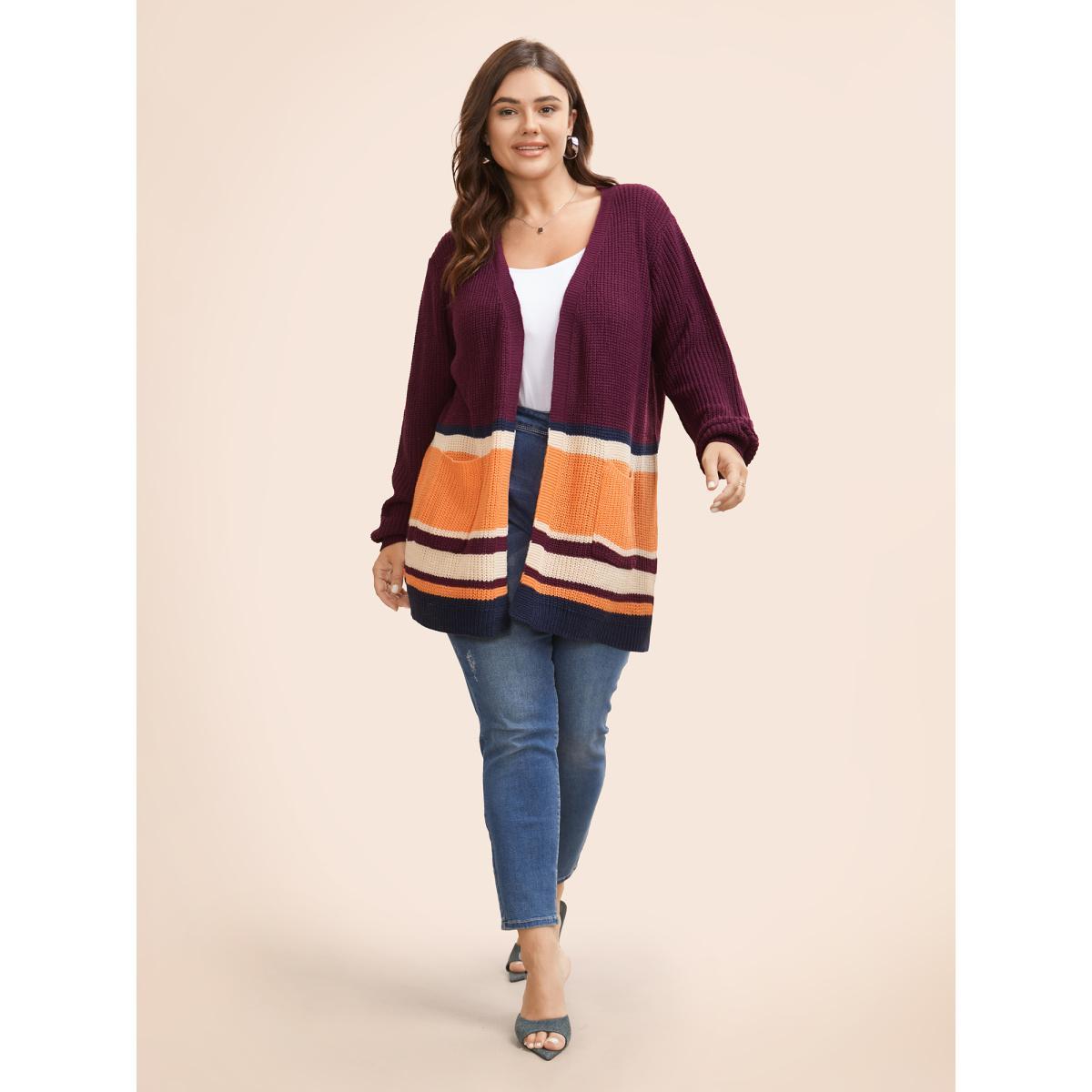 Plus Size Colorblock Contrast Patched Pocket Open Front Cardigan Plum Women Casual Loose Long Sleeve Everyday Cardigans BloomChic 10/M Product Image