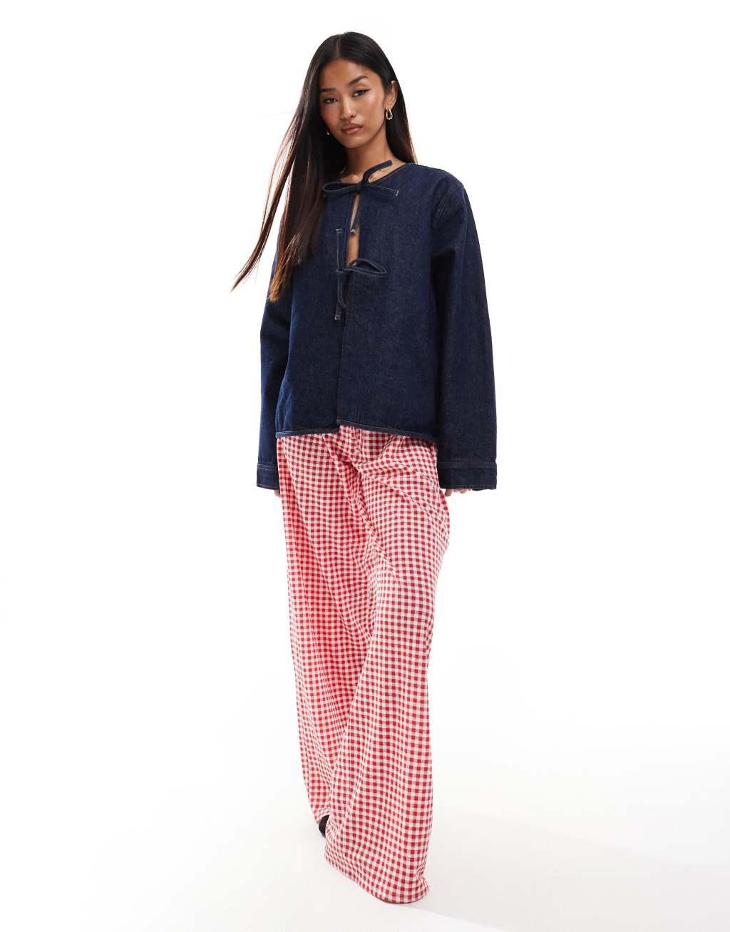 ASOS DESIGN denim long sleeve tie front top in indigo Product Image