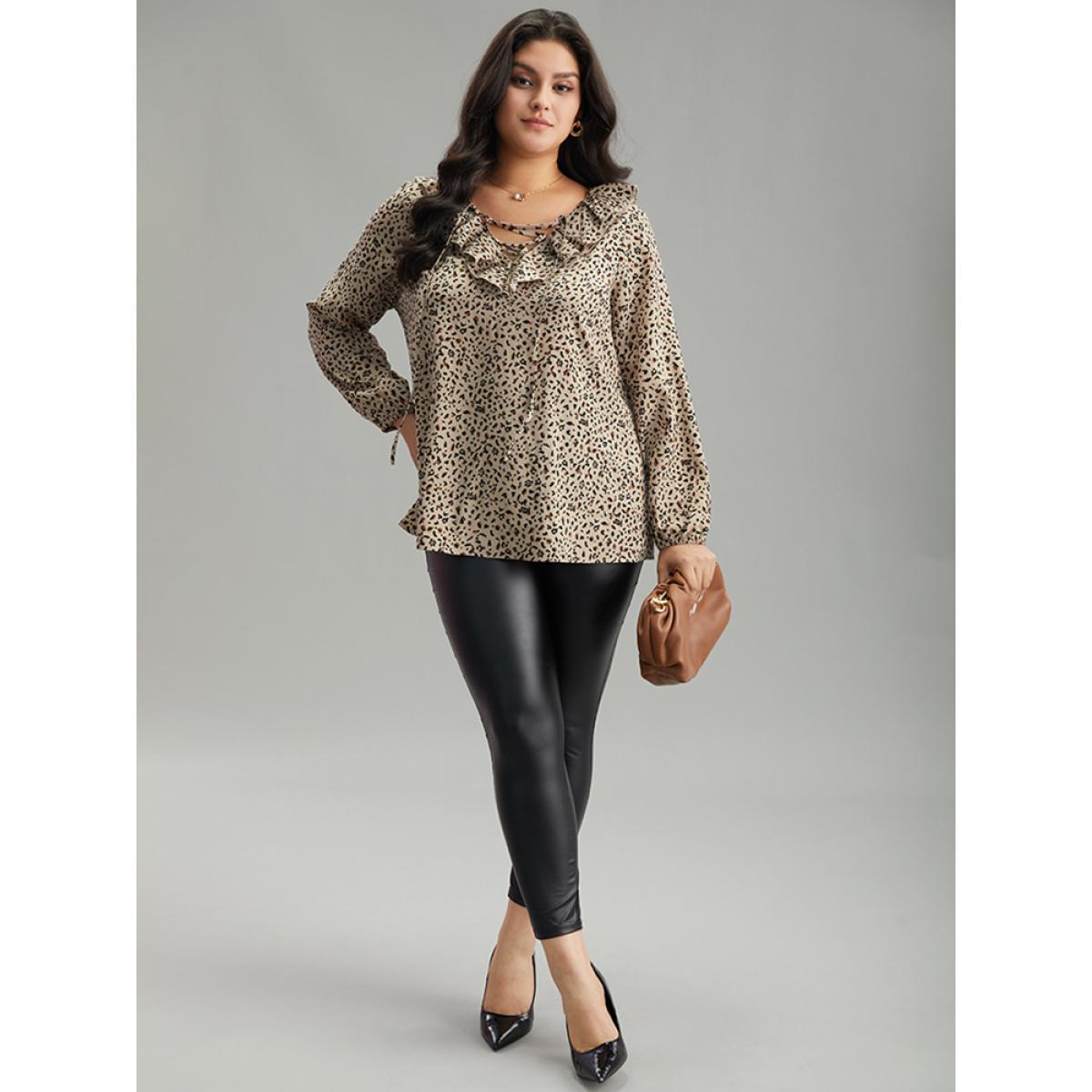 Plus Size Apricot Leopard Print Ties Flutter Trim Blouse Women Office Long Sleeve V-neck Work Blouses BloomChic 12/L Product Image