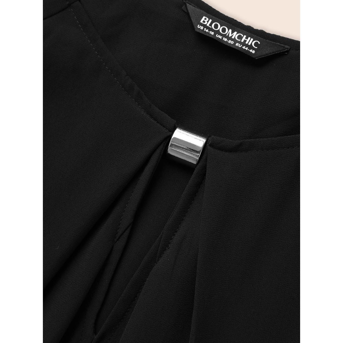 Plus Size Black Keyhole Metal Detail Gathered Blouse Women Elegant Long Sleeve Asymmetrical Neck Everyday Blouses BloomChic 30/6X Product Image