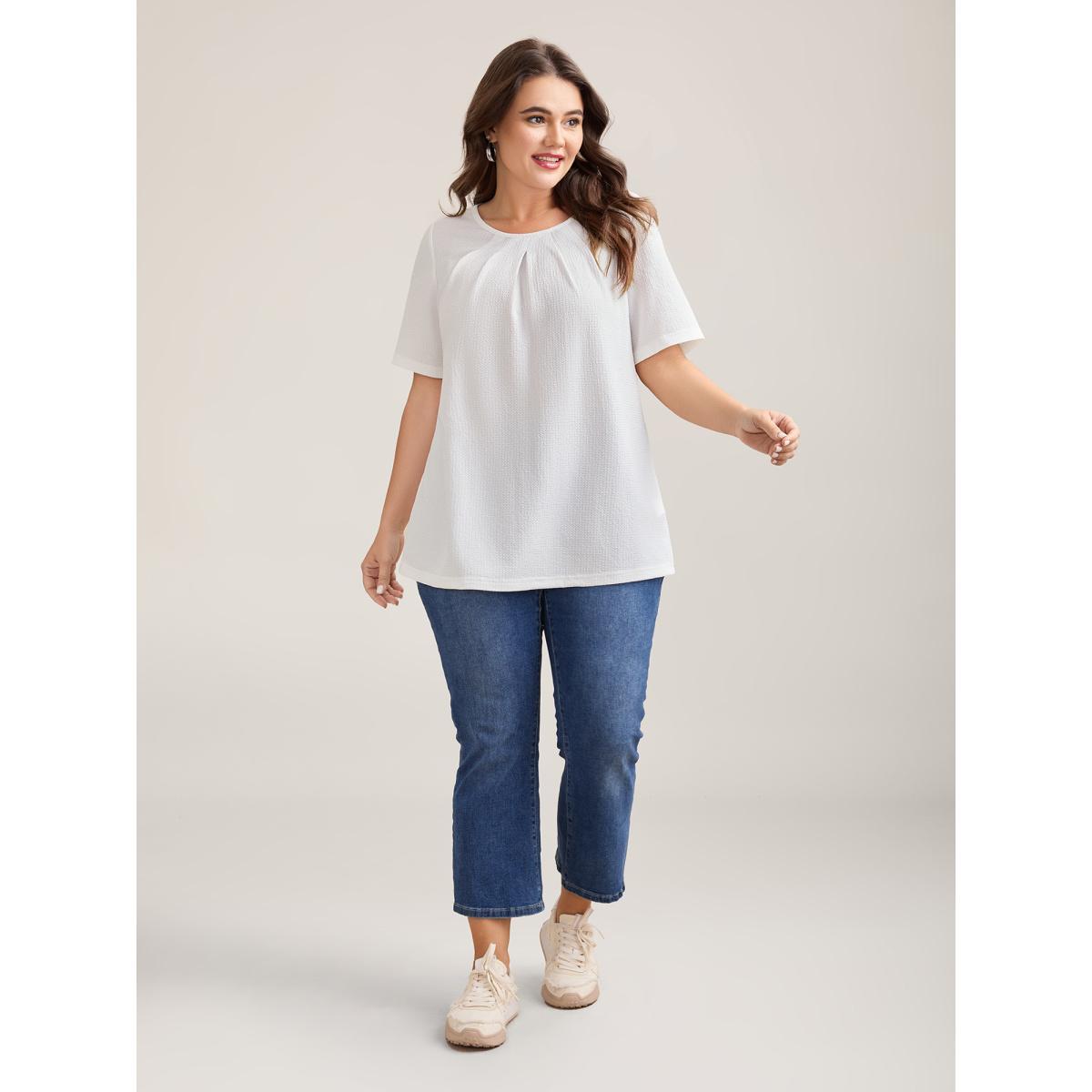 Plus Size Stretchy Textured Pleated Round Neck T-Shirt Ivory Women Casual Texture Round Neck Everyday T-shirts BloomChic 10/M Product Image