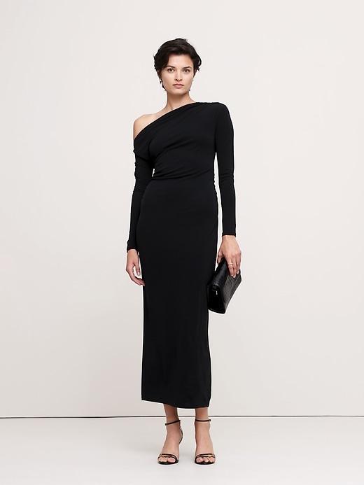 Jersey Knit Asymmetrical Draped Maxi Dress Product Image