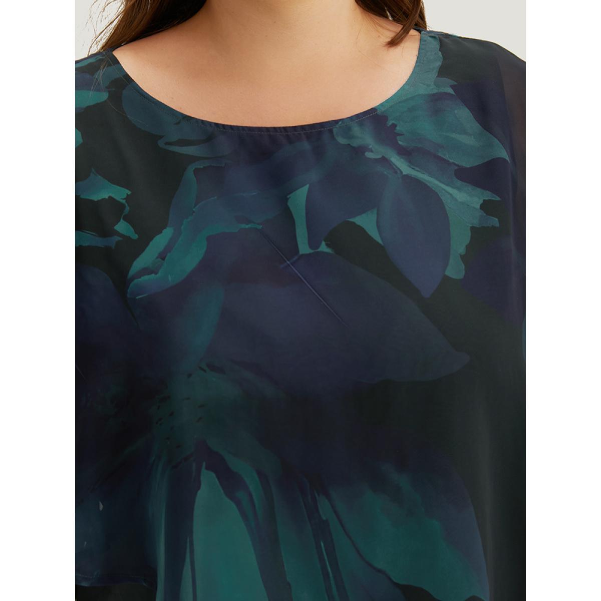Plus Size Aegean Floral Mesh Asymmetrical Dolman Sleeve Blouse Women Glamour Short sleeve Round Neck Going out Blouses BloomChic 14-16/1X Product Image
