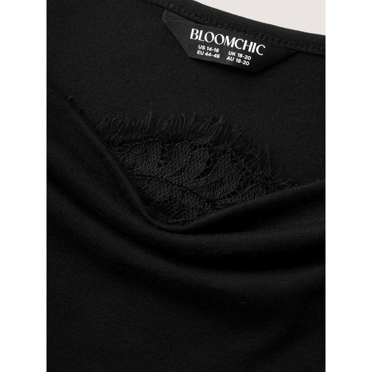 Plus Size Lace Trim Cowl Neck Off-Shoulder T-Shirt Black Women Cowl Neck Everyday-Casual T-shirts BloomChic 10/M Product Image