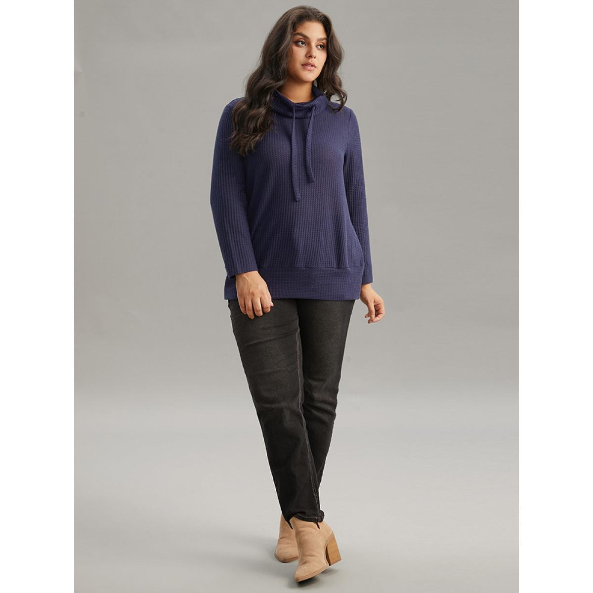 Plus Size Solid Funnel Neck Waffle Knit Drawstring T-shirt Indigo Women Elegant Waffle Knit Plain Turtleneck Dailywear T-shirts BloomChic 26/4X Product Image