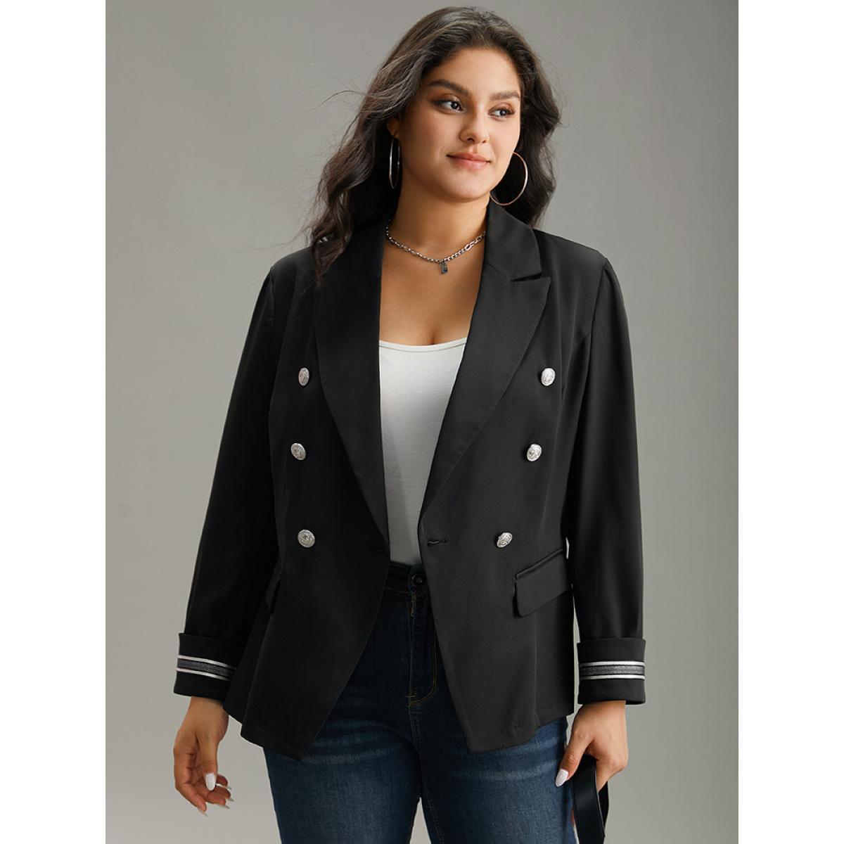 Plus Size Suit Collar Metal Detail Patchwork Blazer Black Women Work Plain Patchwork Sleeve Long Sleeve Suit Collar 22-24/3X Office Blazers BloomChic Product Image