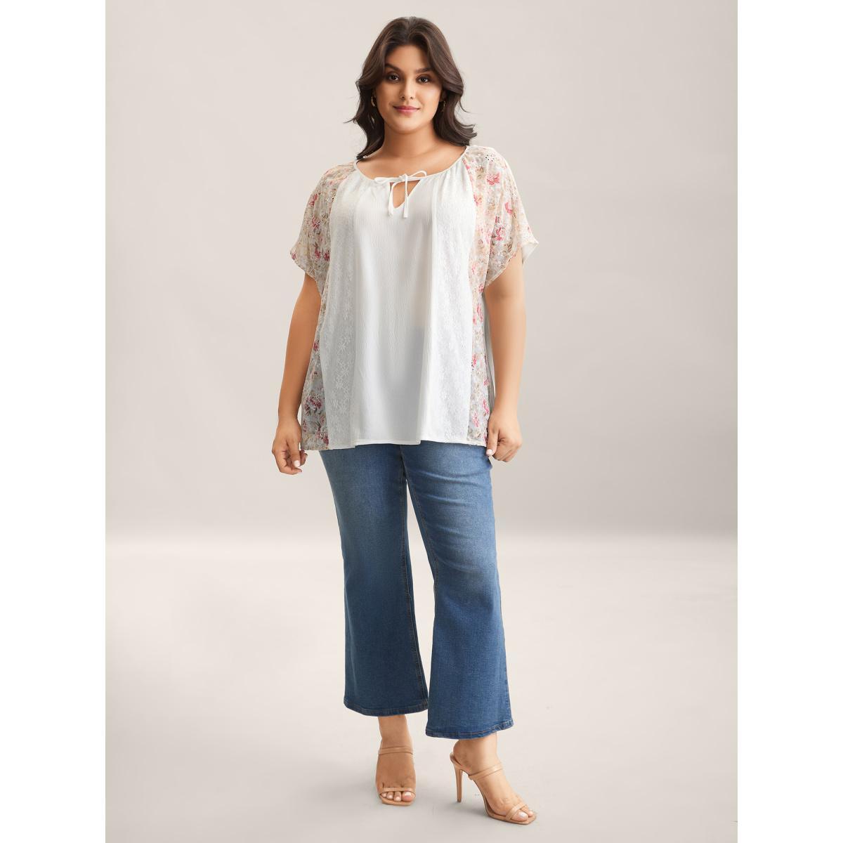 Plus Size Originalwhite Floral Print Panel Sheer Keyhole Blouse Women Short sleeve Round Neck Everyday-Elegant Blouses BloomChic 22-24/3X Product Image