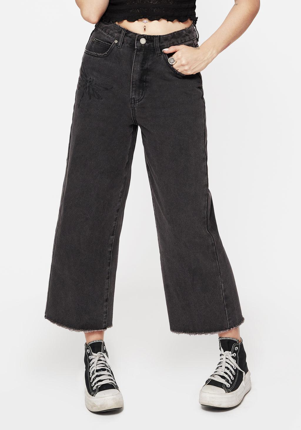 Dragonfly Embroidered Wide Leg Denim Culotte Jeans Product Image