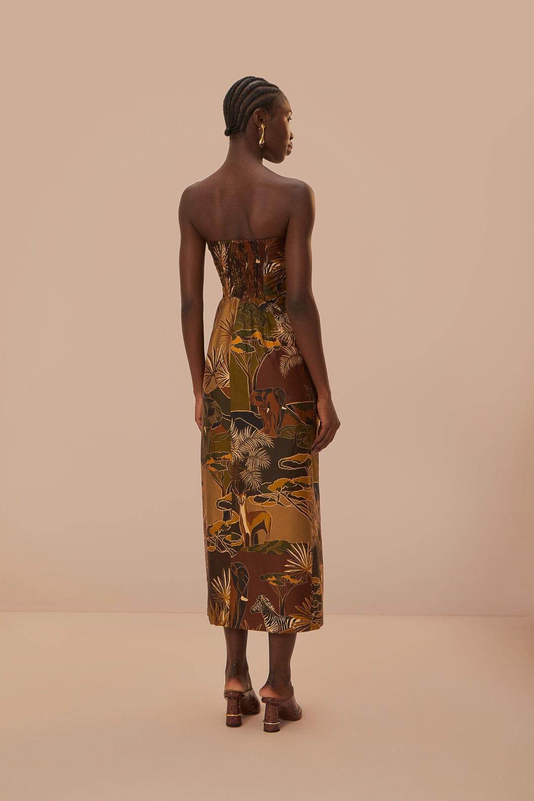 Savana Dream Caramel Strapless Buttonned Midi Dress Product Image