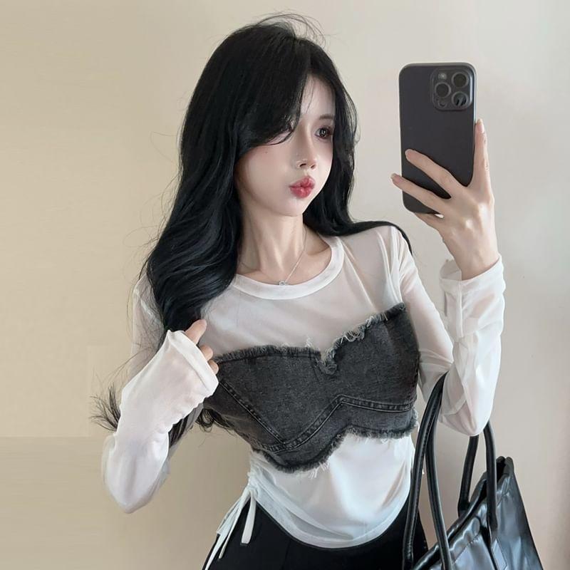 Long Sleeve Crew Neck Washed Denim Panel Crop Top Product Image