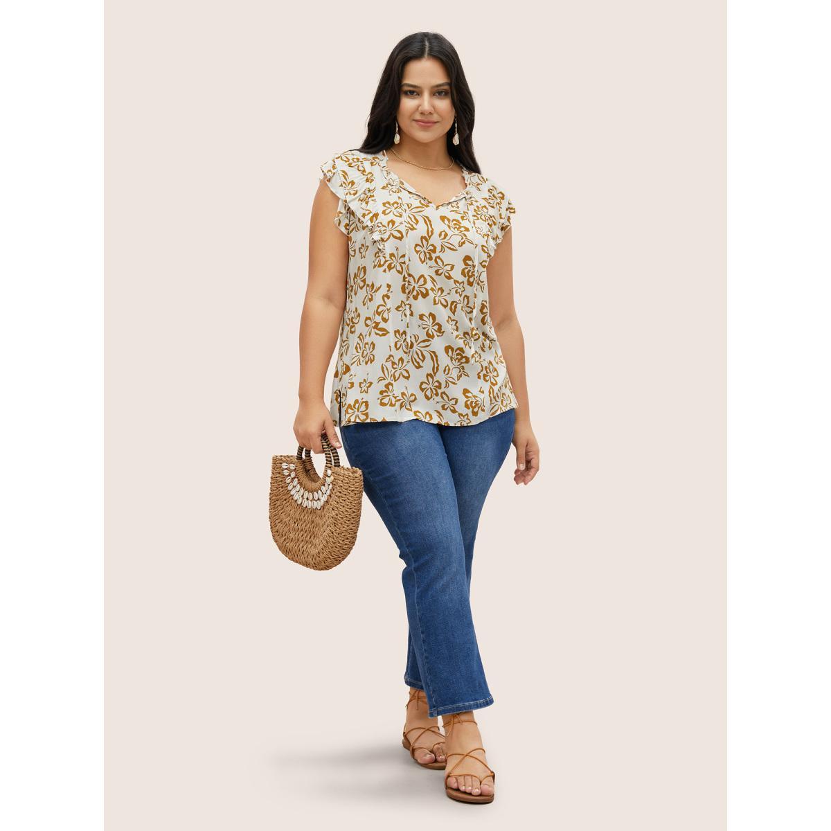 Plus Size White Silhouette Floral Print Tiered Ruffle Cap Sleeve Blouse Women Resort Cap Sleeve V-neck Vacation Blouses BloomChic 14-16/1X Product Image